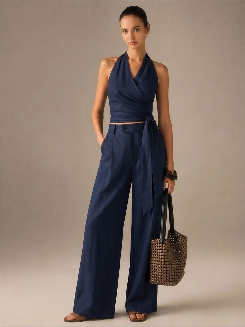 Commense Navy Halter Wrap Top with Wide-Leg Pants